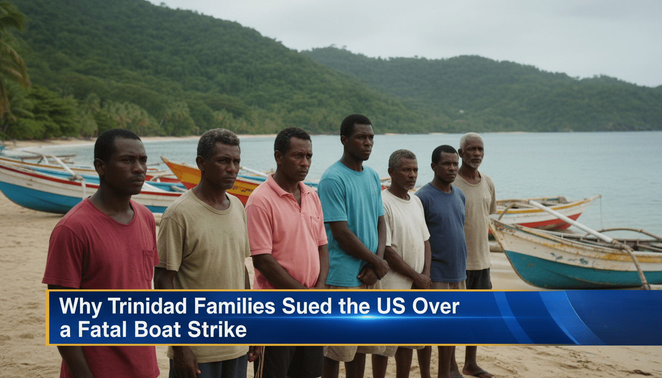 Cinematic, photorealistic news broadcast still. The scene depicts a somber group of Trinidadian villagers, reflecting a mix of African and South Asian heritage, standing on the shore of a tropical bay in Las Cuevas. In the background, traditional colorful wooden fishing pirogues are docked on the sand against a backdrop of lush green hills and the calm Caribbean Sea. The lighting is soft and editorial, conveying a mood of solemn determination and grief. In the lower third of the frame, there is a professional, high-contrast TV news graphics banner with a bold blue and gold color scheme. The banner features clear, legible white text that reads exactly: "Why Trinidad Families Sued the US Over a Fatal Boat Strike". The image has the sharp focus and color grading of a high-end international news report.